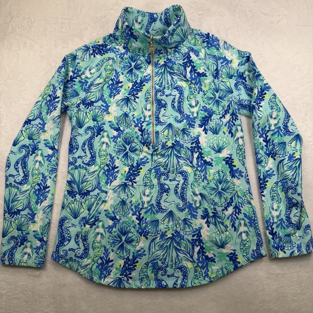 Lilly Pulitzer Sm Skipper Popover Sweatshirt UPF Mermaid Seahorse Sea Glass Aqua